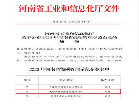 喜訊：公司獲得“2022年河南省能碳管理示范企業”榮譽稱號